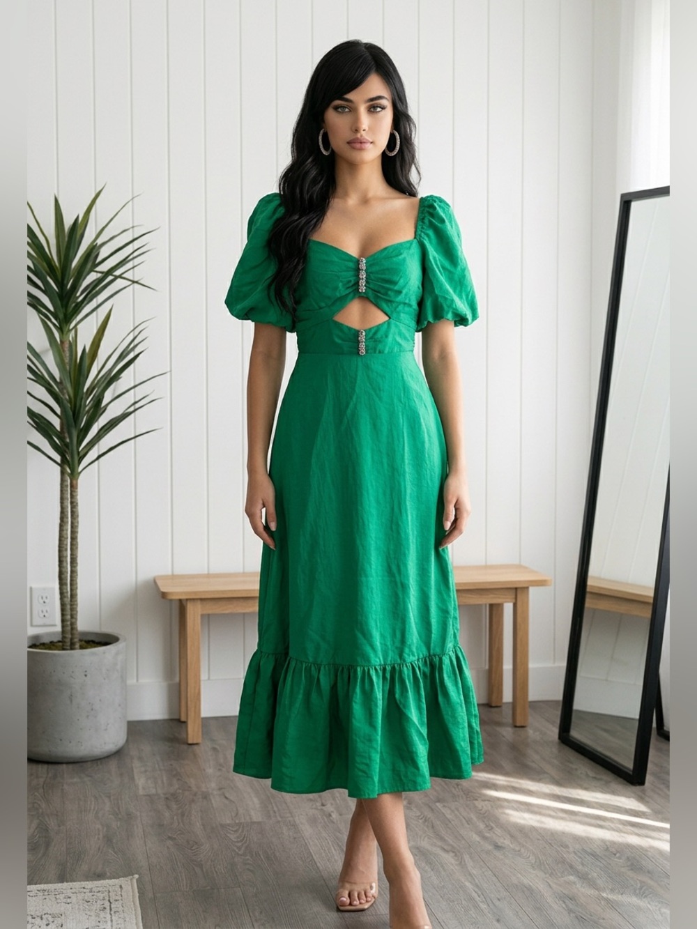 Sandro Emerald Green Midi Dress with Puff Sleeves